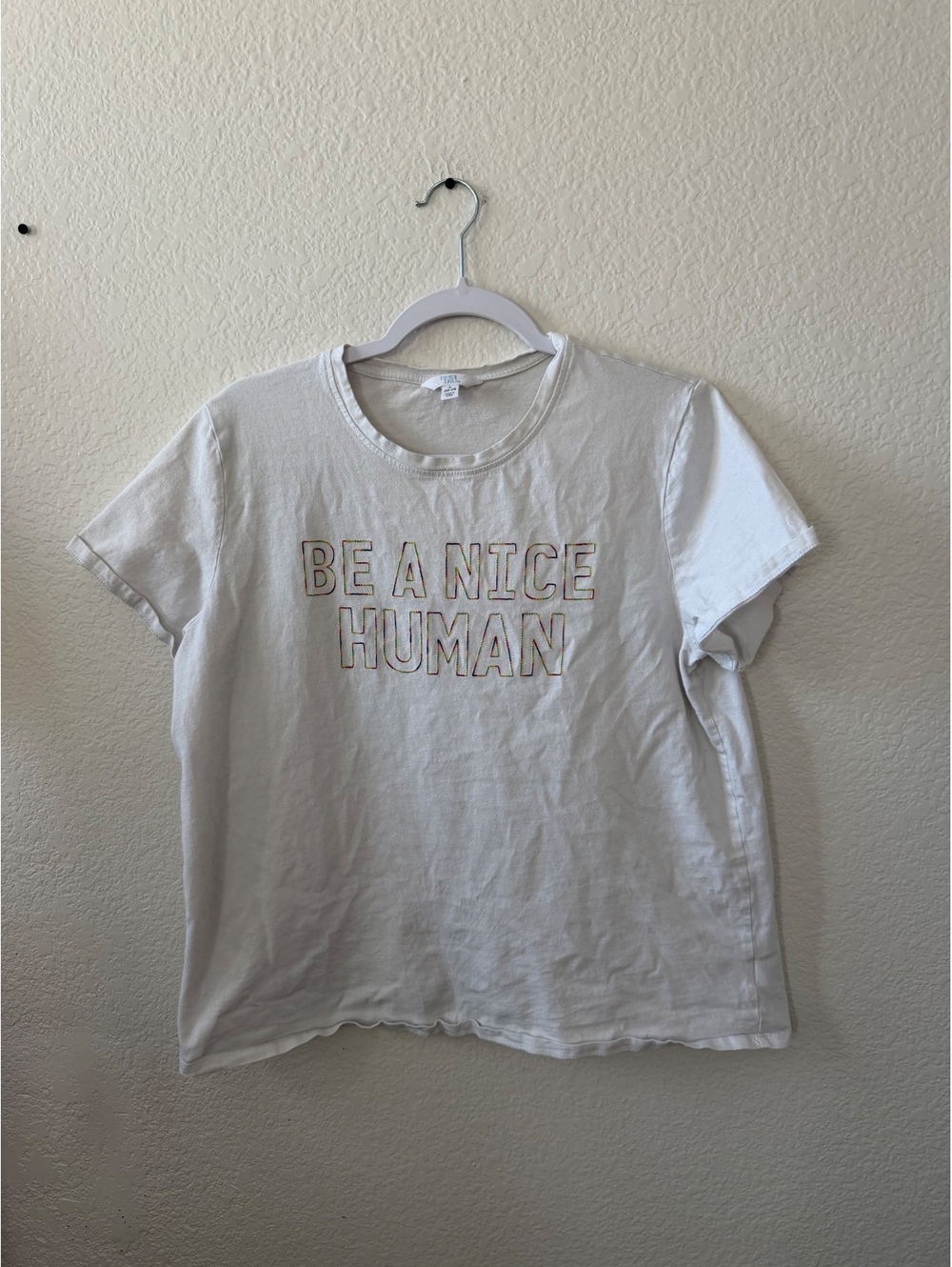 Time and Tru White Cotton T-Shirt with 'Be A Nice Human' Embroidery, Size Large